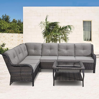 Rilyson Patio Tables Outdoor Coffee Table - Wicker Rattan Coffee Tables with 2-Tier Storage Shelf Glass Top for Proch Deck Balcony Garden Squre Brown