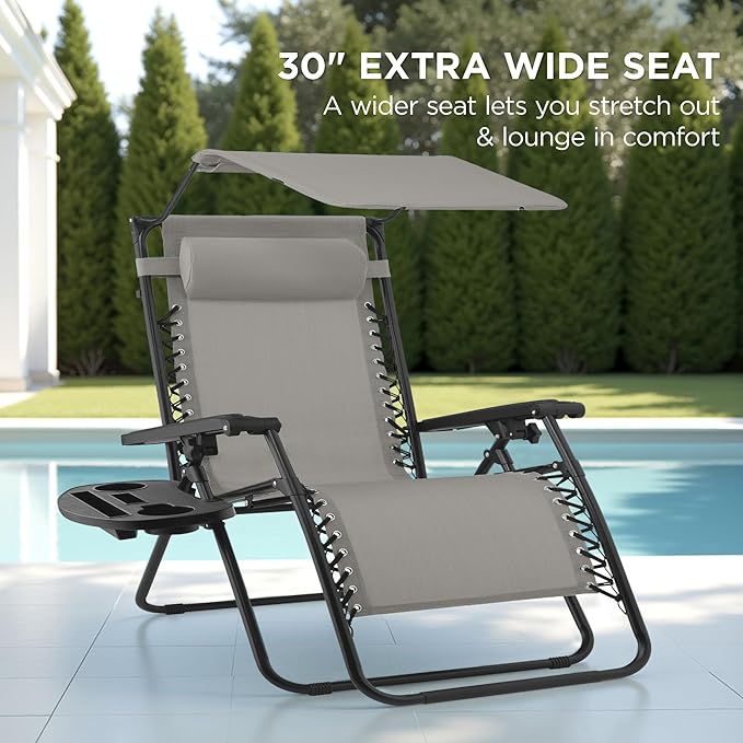 Best Choice Products 30” Wide Folding Zero Gravity Outdoor Recliner Patio Lounge Chair w/Adjustable Canopy Shade - Photo 3