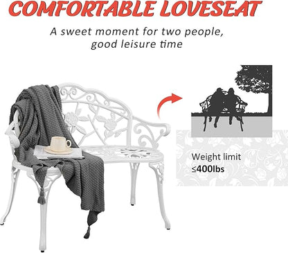 HOMEFUN Outdoor Bench, Patio Garden Benches Metal Loveseat White Cast-Aluminum Outside Furniture for Park Lawn Front Porch