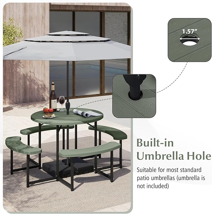 Giantex Picnic Table Bench Set for 4-8 Person, Round 37” Outdoor Dining Table w/Umbrella Hole, HDPE Tabletop - Photo 5