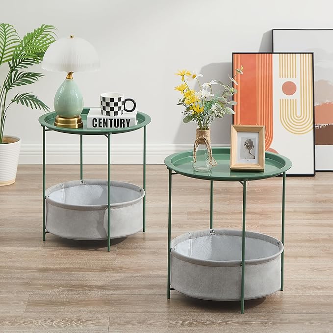 VECELO Round Side/End Table with Fabric Storage Basket，Metal Anti-Rust and Waterproof Small Bedside Nightstand with - Photo 5