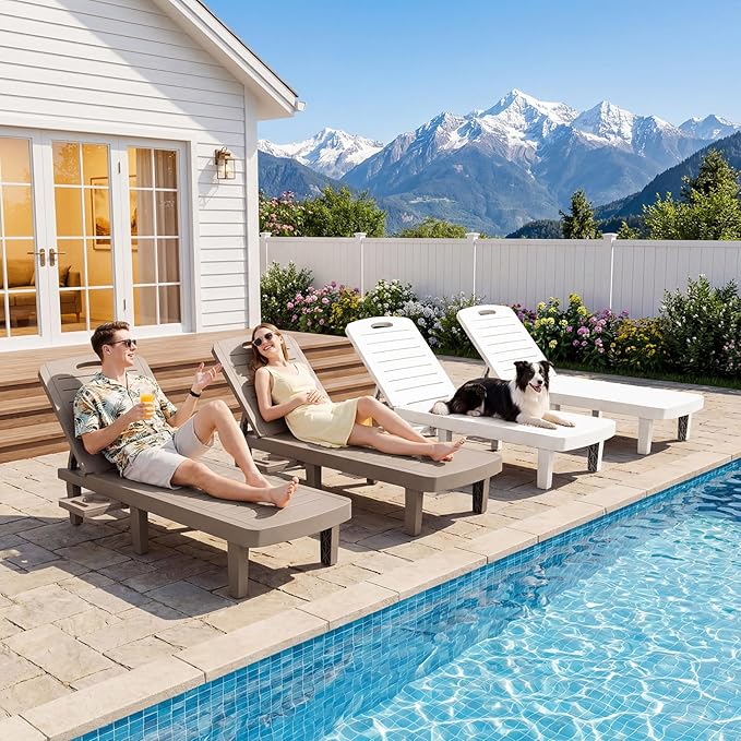 Outdoor Chaise Lounge Set of 6, 5-Position Adjustable Sun Lounge w/Pull-Out Tray, Waterproof PP Lounge Chairs for Outside, Lounge Chairs for Poolside, Patio, Beach, Yard in All Weather,Taupe