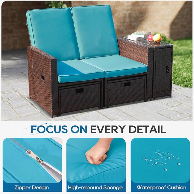 5PCS Outdoor Wicker Chaise Lounge Chair - Rattan Adjustable Reclining Patio Lounge Chair with Ottoman and Coffee Table, for Patio Beach Pool Backyard (Brown Wicker Turquoise Cushion)