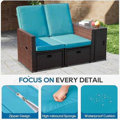 5PCS Outdoor Wicker Chaise Lounge Chair - Rattan Adjustable Reclining Patio Lounge Chair with Ottoman and Coffee Table, for Patio Beach Pool Backyard (Brown Wicker Turquoise Cushion)