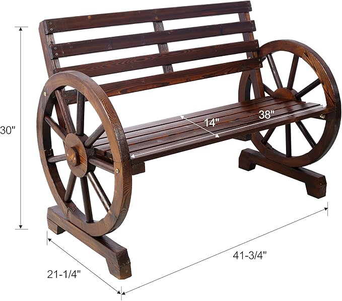 Outdoor Wood Bench, 2-Person Wooden Wagon Wheel Bench for Backyard, Patio, Porch, Garden, Outdoor Lounge Furniture with Rustic Country Design, Slatted Seat and Backrest, Brown (Brown)