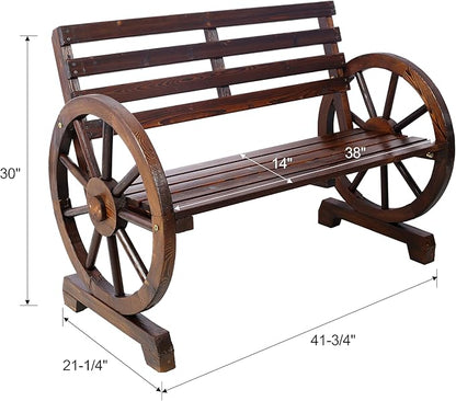 Outdoor Wood Bench, 2-Person Wooden Wagon Wheel Bench for Backyard, Patio, Porch, Garden, Outdoor Lounge Furniture with Rustic Country Design, Slatted Seat and Backrest, Brown (Brown)