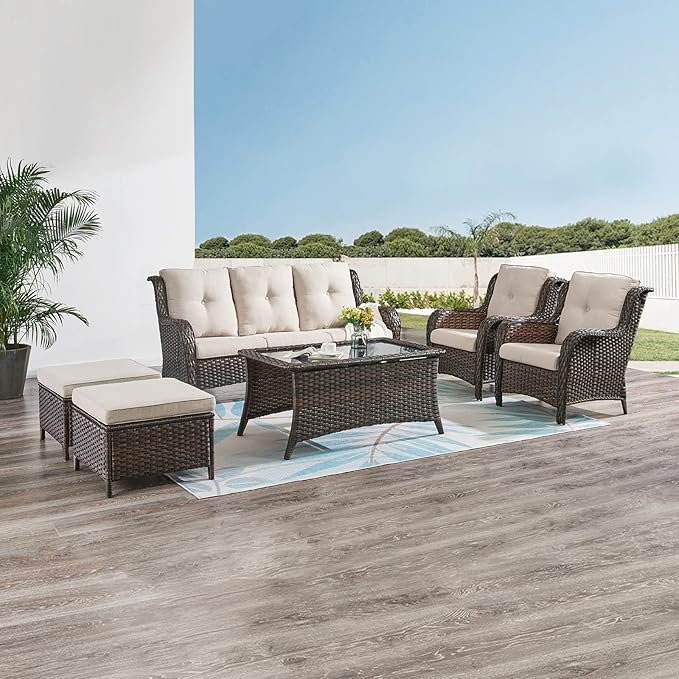 HUMMUH Outdoor Furniture 6 Pieces Patio Furniture Set Wicker Outdoor Sectional Sofa with 2 Patio Chairs, Ottomans - Photo 8