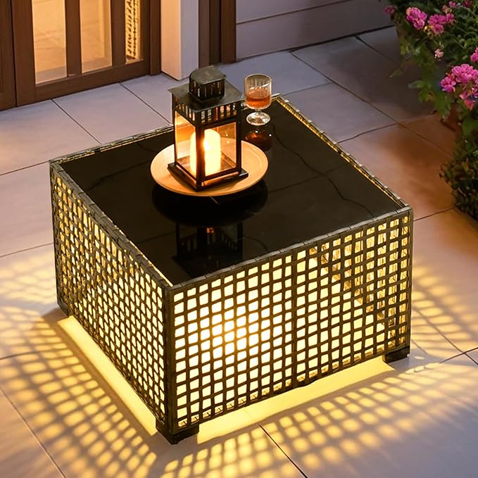 ovios Outdoor Side Table with Tempered Glass Top, Patio Wicker Solar Table - Photo 6