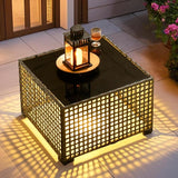 ovios Outdoor Side Table with Tempered Glass Top, Patio Wicker Solar Table - Photo 6