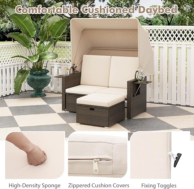 RELAX4LIFE Wicker Outdoor Daybed with Canopy - Rattan Loveseat Sofa Set w/Storage Ottomans, Adjustable Back - Photo 6