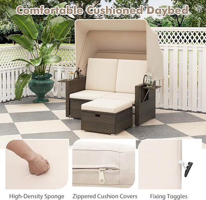 RELAX4LIFE Wicker Outdoor Daybed with Canopy - Rattan Loveseat Sofa Set w/Storage Ottomans, Adjustable Back, Retractable Trays, Sunbed Double Chaise Lounge for Backyard, 2-Seater Patio Daybed (Beige)