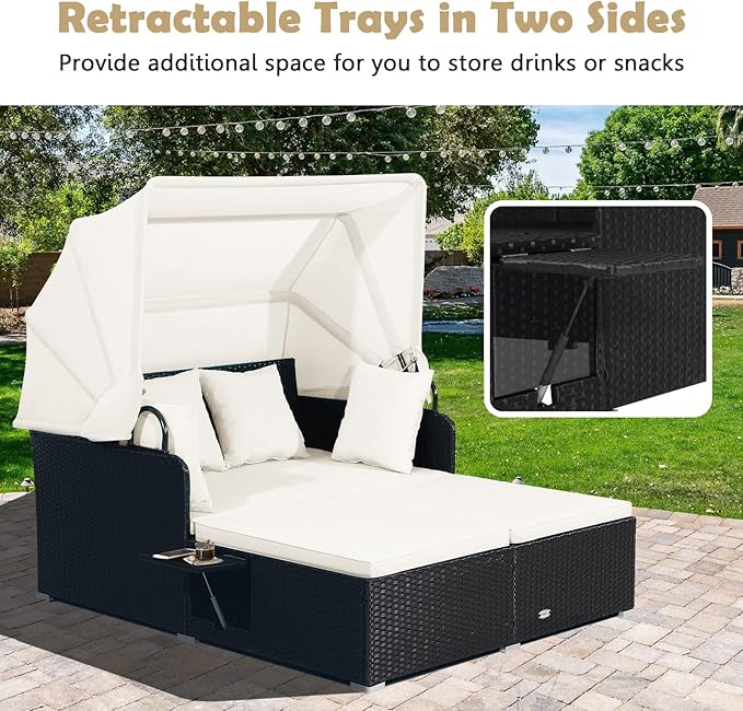 Tangkula Patio Rattan Daybed with Retractable Canopy, Outdoor Wicker Sunbed Lounger with 2 Foldable Side Tables - Photo 6