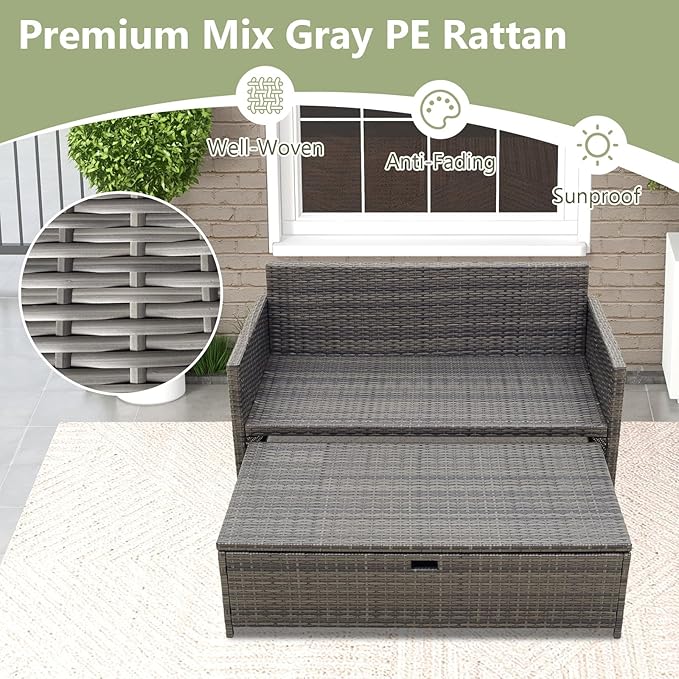 Tangkula Outdoor Rattan Daybed, Wicker Loveseat & 31 Gallon Storage Ottoman w/Soft Cushions - Photo 5