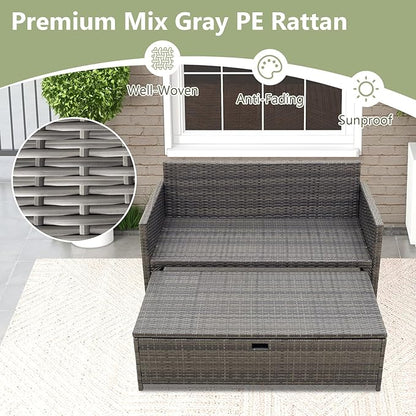 Tangkula Outdoor Rattan Daybed, Wicker Loveseat & 31 Gallon Storage Ottoman w/Soft Cushions, Space-Saving 2-Person Sun Lounger Daybed for Backyard, Porch (Beige)