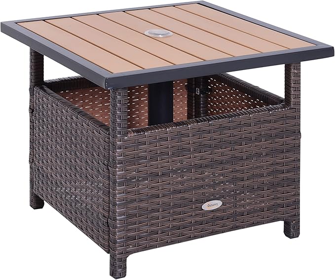 Outsunny 22" Outdoor Side Table with Umbrella Hole, Rattan Wicker End Table with Sand Bag and Steel Frame for Outdoor, Patio, Garden, Backyard, Brown & Light Yellow