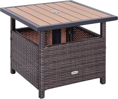 Outsunny 22" Outdoor Side Table with Umbrella Hole, Rattan Wicker End Table with Sand Bag and Steel Frame for Outdoor, Patio, Garden, Backyard, Brown & Light Yellow