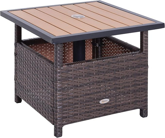 Outsunny 22" Outdoor Side Table with Umbrella Hole, Rattan Wicker End Table with Sand Bag and Steel Frame for Outdoor, Patio, Garden, Backyard, Brown & Light Yellow