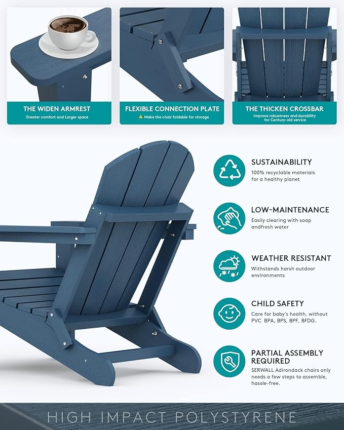 SERWALL Foldable Adirondack Chair Set of 2 for Patio Garden Outdoors Fire Pit-Blue - Photo 6