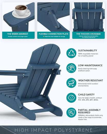 SERWALL Foldable Adirondack Chair Set of 2 for Patio Garden Outdoors Fire Pit-Blue
