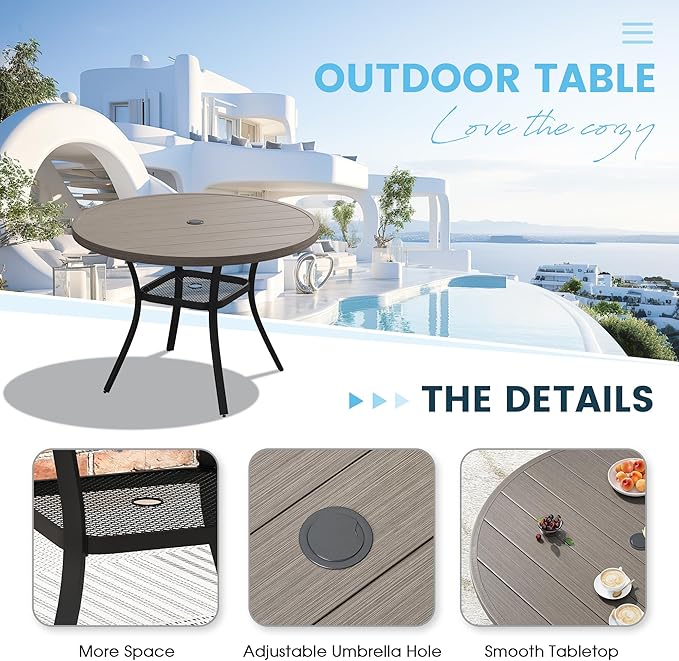 Patio Dining Table for 4, Round Metal Outdoor Table with Storage Shelf, 1.57" Umbrella Hole, 41" Outdoor Slat Tabletop Dining Table for Backyard, Porch, Lawn, Grey