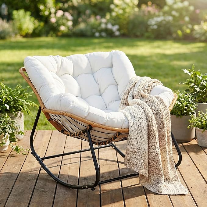 Outdoor Rocking Chair, Papasan Egg Style with Thick Cushion, Comfy Patio Lounge Chair for Balcony, Porch and Living Room - Photo 3