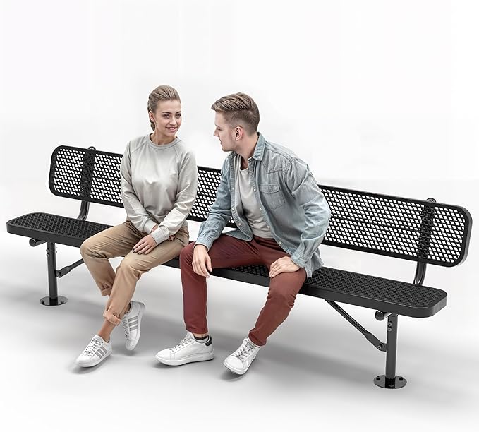 Heavy-Duty Outdoor Metal Bench, Thermoplastic-Coated, Surface, Weatherproof, Commercial-Grade for Parks, Gardens, Patios, Stores & More (8 Ft - Surface with Back, Black)