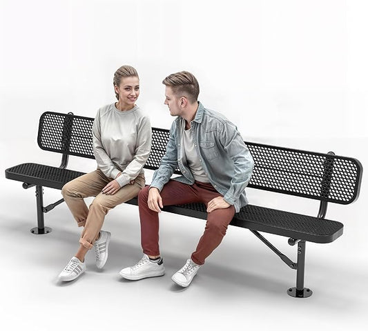 Heavy-Duty Outdoor Metal Bench, Thermoplastic-Coated, Surface, Weatherproof, Commercial-Grade for Parks, Gardens, Patios, Stores & More (8 Ft - Surface with Back, Black)