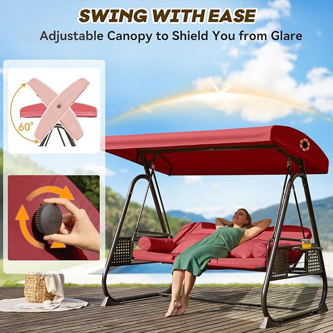 3 in 1 Outdoor Porch Swing with Adjustable Canopy, 3 Seat Outdoor Swing for Adults - Photo 3