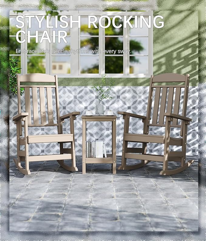 FOOWIN Outdoor Rocking Chair Set of 4, High Back Patio Rocking Chair, HDPE All Weather Resistant Porch Rocker for Adult, Oversized Rocking Chairs for Garden, Lawn, Indoor & Outdoor Use, Brown