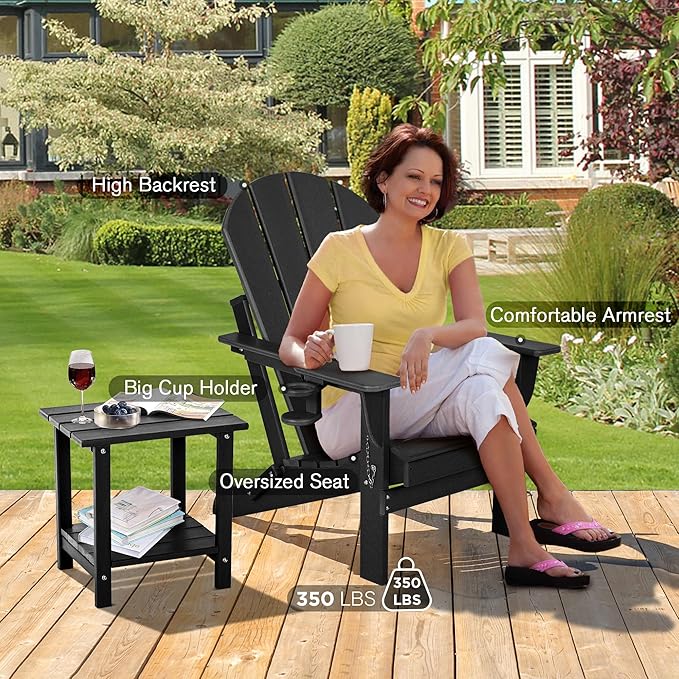 nalone Folding Adirondack Chair with Cushion with Cup Holder, HDPE Plastic Oversized Patio Chair Weather Resistant, Used in Outdoor, Fire Pit, Deck, Garden, Campfire Chairs (Black)