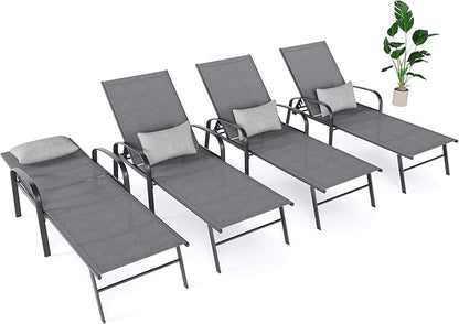 Outdoor Chaise Lounge Chair Adjustable Pool Lounge Chairs with Lumbar Pillow Outside Tanning Chairs for Beach Deck Backyard Lawn (Grey, 4 pcs)