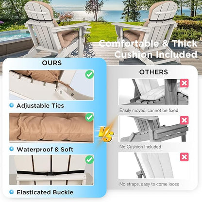 nalone Folding Adirondack Chairs Set of 2 with Cushion with Cup Holder, HDPE Plastic Oversized Patio Chair Weather Resistant, Used in Outdoor, Fire Pit, Deck, Garden, Campfire Chairs (White)