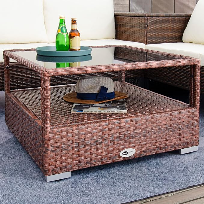 DIMAR GARDEN Outdoor Coffee Table Wicker Patio Rattan Side Table with Glass Top and Storage Shelf,29.5in Mixed Brown