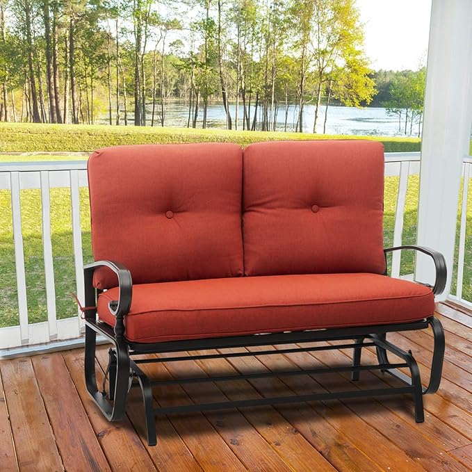 Outdoor Swing Glider Rocking Bench, Garden Loveseat Chair, Patio Steel Frame Chair Wrought Iron Look with Thick Cushion(Red)