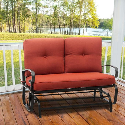 Outdoor Swing Glider Rocking Bench, Garden Loveseat Chair, Patio Steel Frame Chair Wrought Iron Look with Thick Cushion(Red)