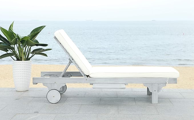 SAFAVIEH Outdoor Collection Newport Grey / Beige Cushion Built-in Side Table Adjustable Chaise Lounge Chair - Photo 2