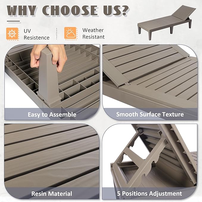 Outdoor Chaise Lounge Set of 2, Lightweight Patio Chairs, Waterproof Sun Loungers Chair Outdoor - Photo 8
