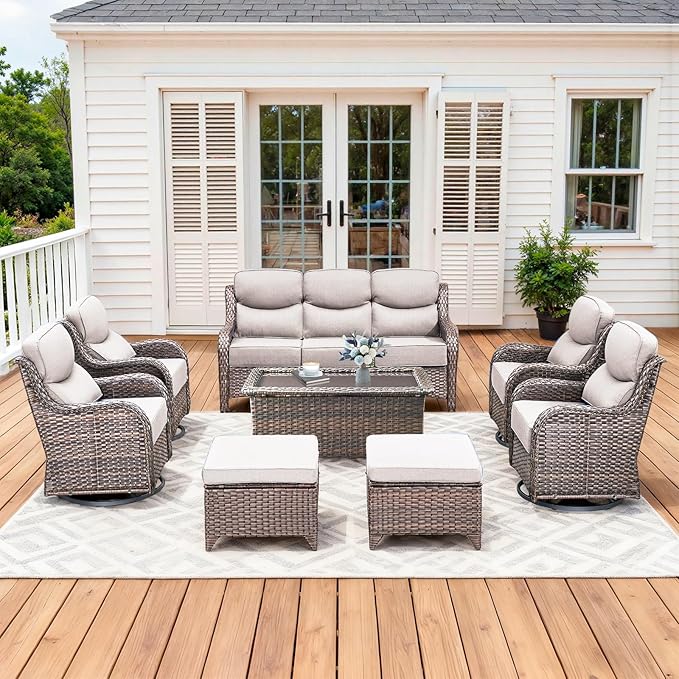Luxury High Back Patio Furniture Set with 6-Inch Thick Cushions, 8-Pieces Outdoor Furniture with Swivel Chairs - Photo 1