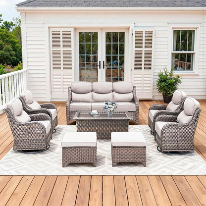 Luxury High Back Patio Furniture Set with 6-Inch Thick Cushions, 8-Pieces Outdoor Furniture with Swivel Chairs, Wicker Conversation Set for Porch, Balcony, Deck and Yard, Brown/Beige
