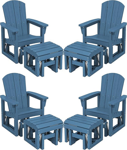 SERWALL Outdoor Glider Chair Set of 4 with Ottoman, HDPE Wood-Like Patio Glider Set All-Weather Porch Glider for Outside, Blue