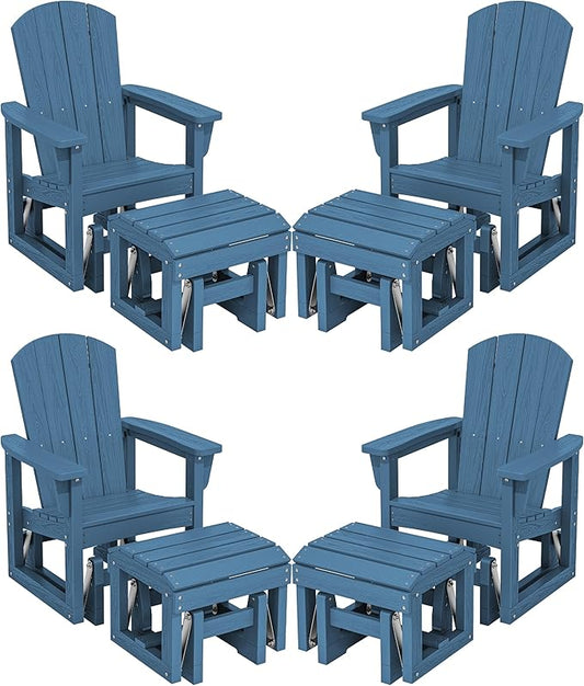 SERWALL Outdoor Glider Chair Set of 4 with Ottoman, HDPE Wood-Like Patio Glider Set All-Weather Porch Glider for Outside, Blue