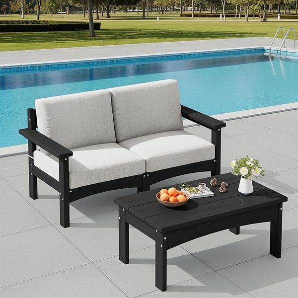 SERWALL 3 Pieces Patio Conversation Set, All-Weather HDPE Outdoor Sofas with Cushions and Coffee Table - Photo 1