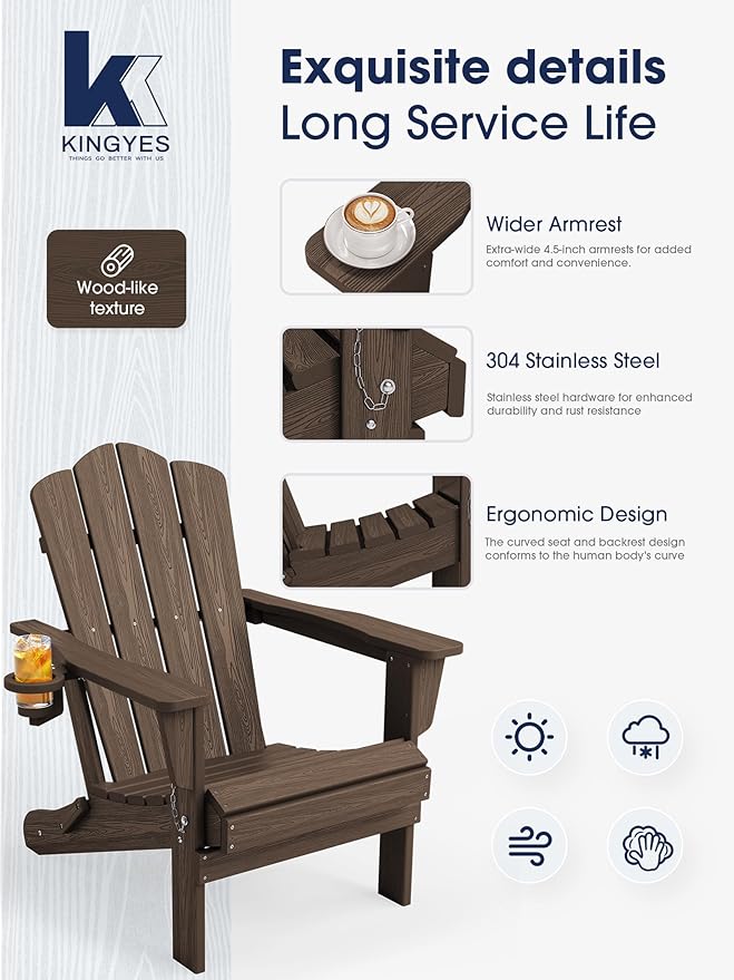 KINGYES Folding Adirondack Chair Set of 6, HDPE All-Weather Patio Chairs with Cup Holder - Photo 4