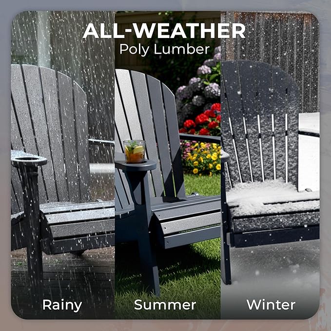 Ecommersify Folding Adirondack Chair with Cup Holder - (Black) - Heavy Duty Recycled Poly Lumber Folding Chair - Amish Crafted Outdoor Furniture - Made in USA