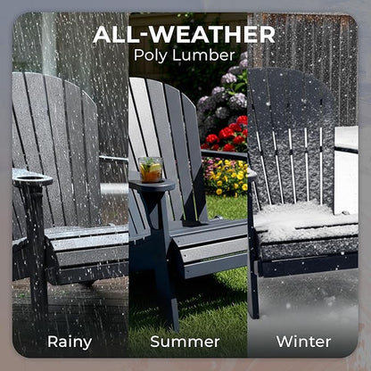 Ecommersify Folding Adirondack Chair with Cup Holder - (Black) - Heavy Duty Recycled Poly Lumber Folding Chair - Amish Crafted Outdoor Furniture - Made in USA