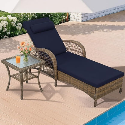 HOMEDIARY Outdoor Wicker Lounge Chair Set, 6-Position Adjustable Patio Chaise Lounge w/Side Table, All Weather Lay Flat Pool Sunbathing Recliner, Armrest & Head Pillow, Fade-Resistant, Navy Blue