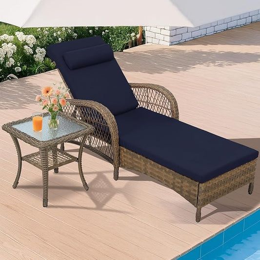 HOMEDIARY Outdoor Wicker Lounge Chair Set, 6-Position Adjustable Patio Chaise Lounge w/Side Table, All Weather Lay Flat Pool Sunbathing Recliner, Armrest & Head Pillow, Fade-Resistant, Navy Blue