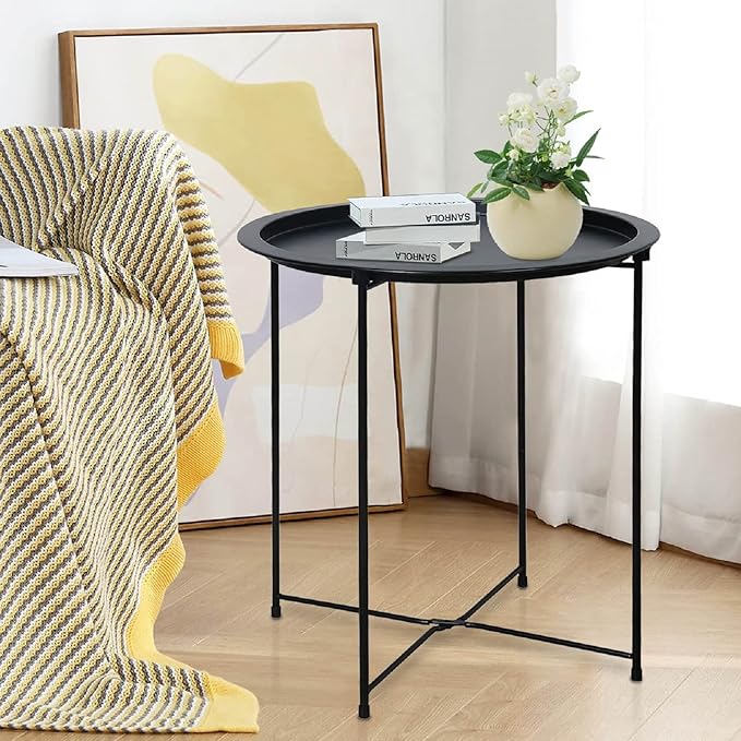Garden 4 you End Table Metal Side Table Black Round Folding Tray Cyan Sofa Small Accent Fold-able Table, Round End Table Tray, Next to Sofa Table, Snack Table for Living Room and Bed Room