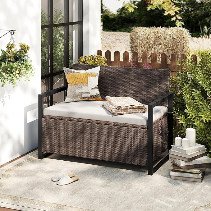 RELAX4LIFE Wicker Outdoor Bench with Storage - Rattan Deck Box w/Protective Liner for Pillows, Pool Supplies - Photo 2