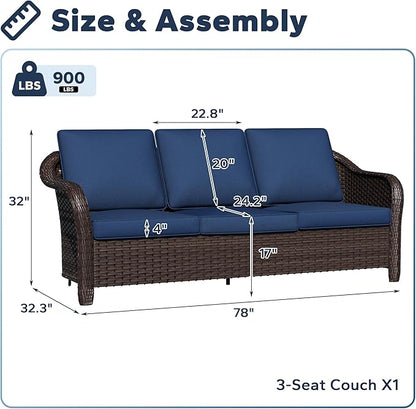 78" Wicker 3-seat Sofa, Outdoor Conversation Furniture, All-Weather Rattan Couch, Steel Frame Couch with Cushions for Garden, Poolside, Porch (Navy Blue)